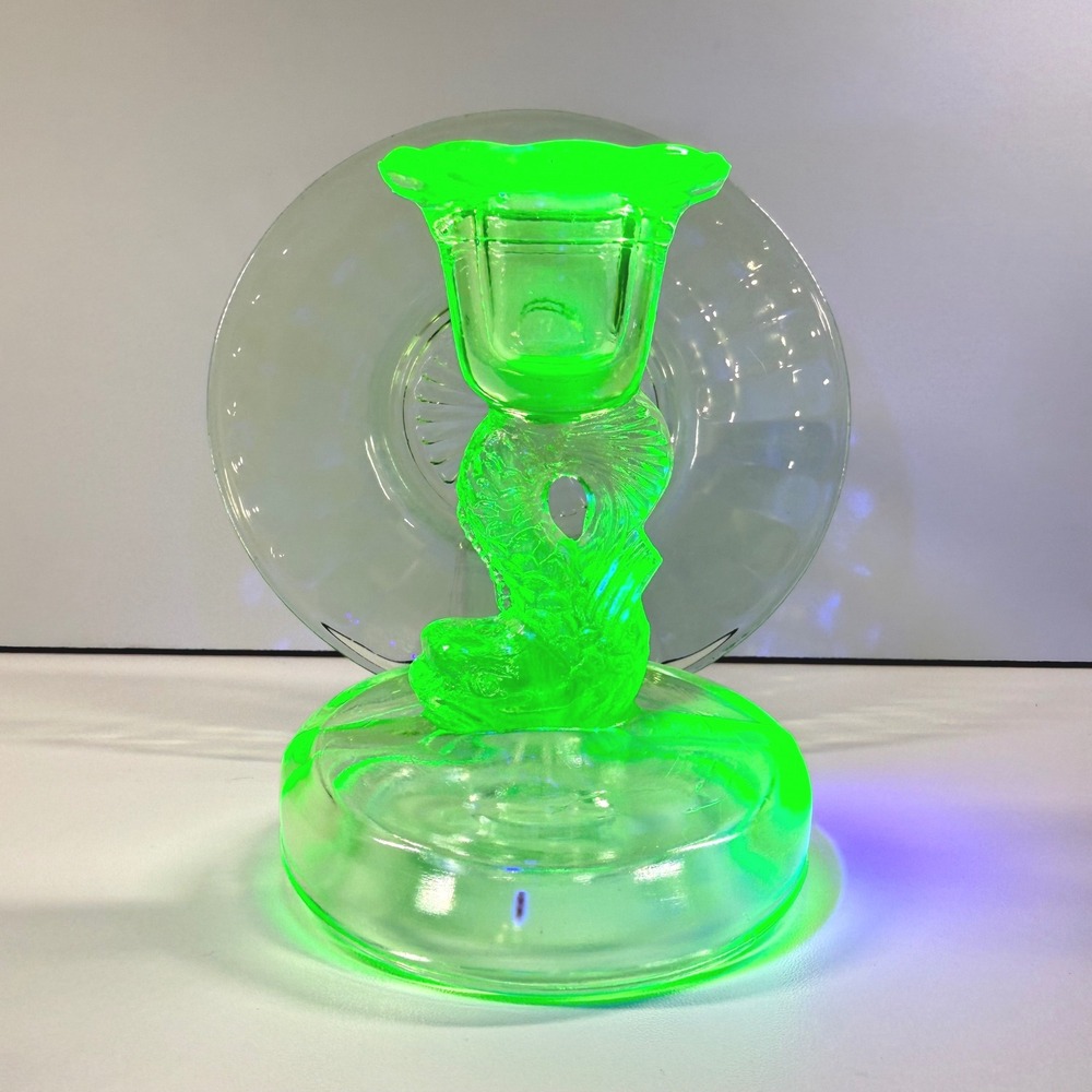 URANIUM Glass Vintage Green Koi Fish Candlestick & 6" Ribbed Plate Set UV Glow